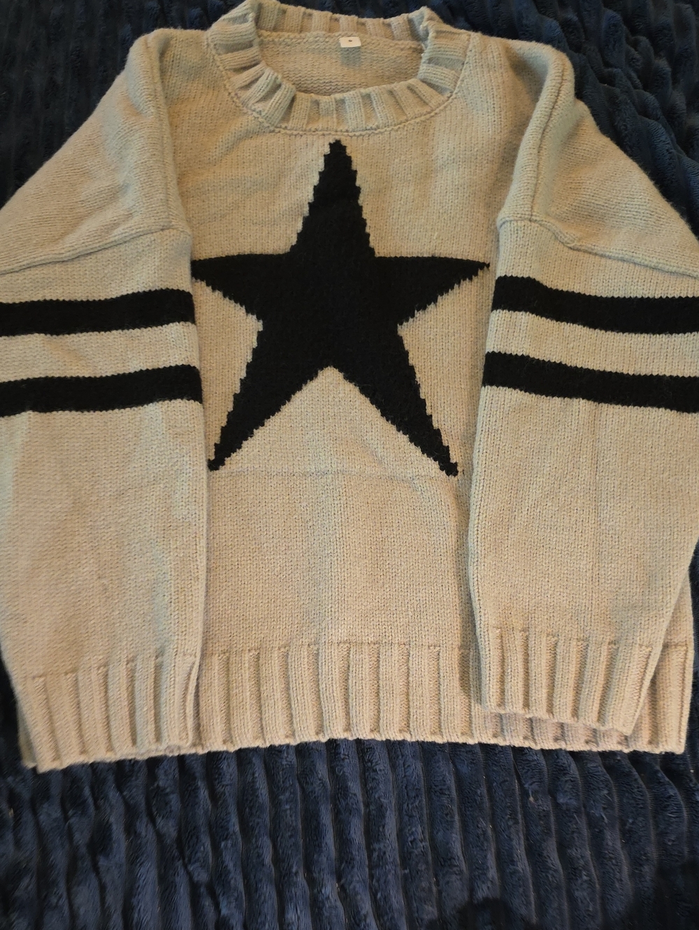 Women's Beige Knit Sweater with Black Star & Stripes On Front